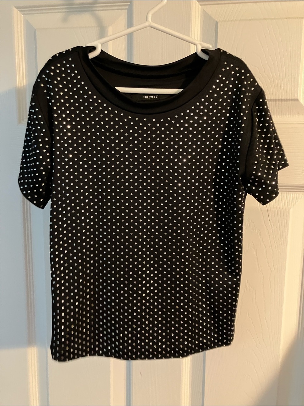 Forever 21 Black Short Sleeve Tee with Crystal Stud Accents